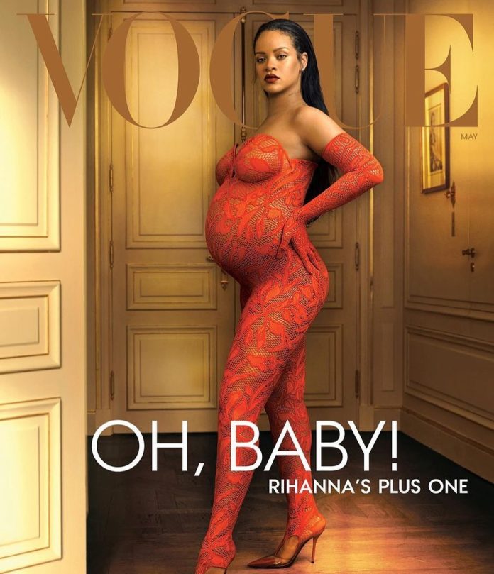 COVER LOOK Rihanna wears an Alaïa bodysuit, glove, and shoes. Chopard earrings. Fashion Editors: Alex Harrington and Jahleel Weaver. Photographed by Annie Leibovitz, Vogue, May 2022.